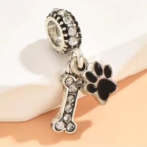 New Silver tone & Black Paw Print Dog Charm #082